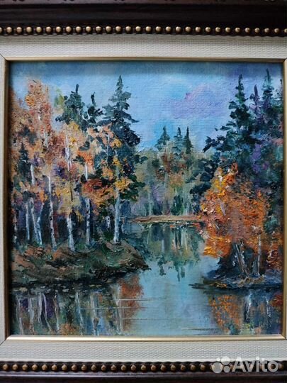 Квадратная картина в раме пейзаж лес. Масло