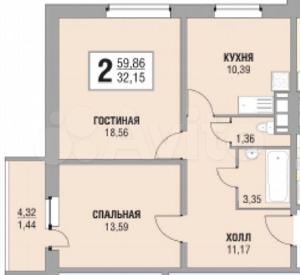 2-к. квартира, 58 м², 10/17 эт.