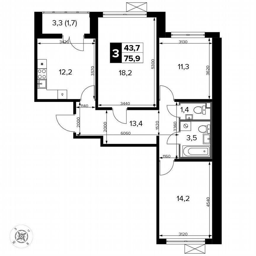 3-к. квартира, 75,9 м², 13/14 эт.