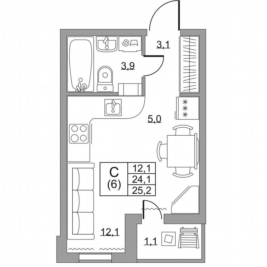 Квартира-студия, 25,2 м², 8/8 эт.