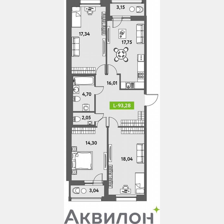 3-к. квартира, 94,1 м², 2/12 эт.