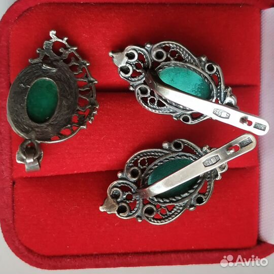 Комплект серебро 925 малахит винтаж серьги кулон