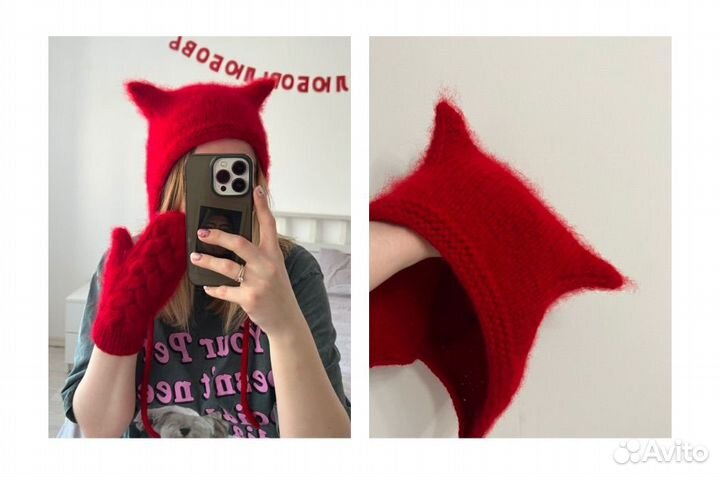 Комплект шапочка с ушками+варежки косы