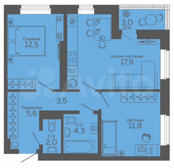 2-к. квартира, 59,1 м², 1/18 эт.