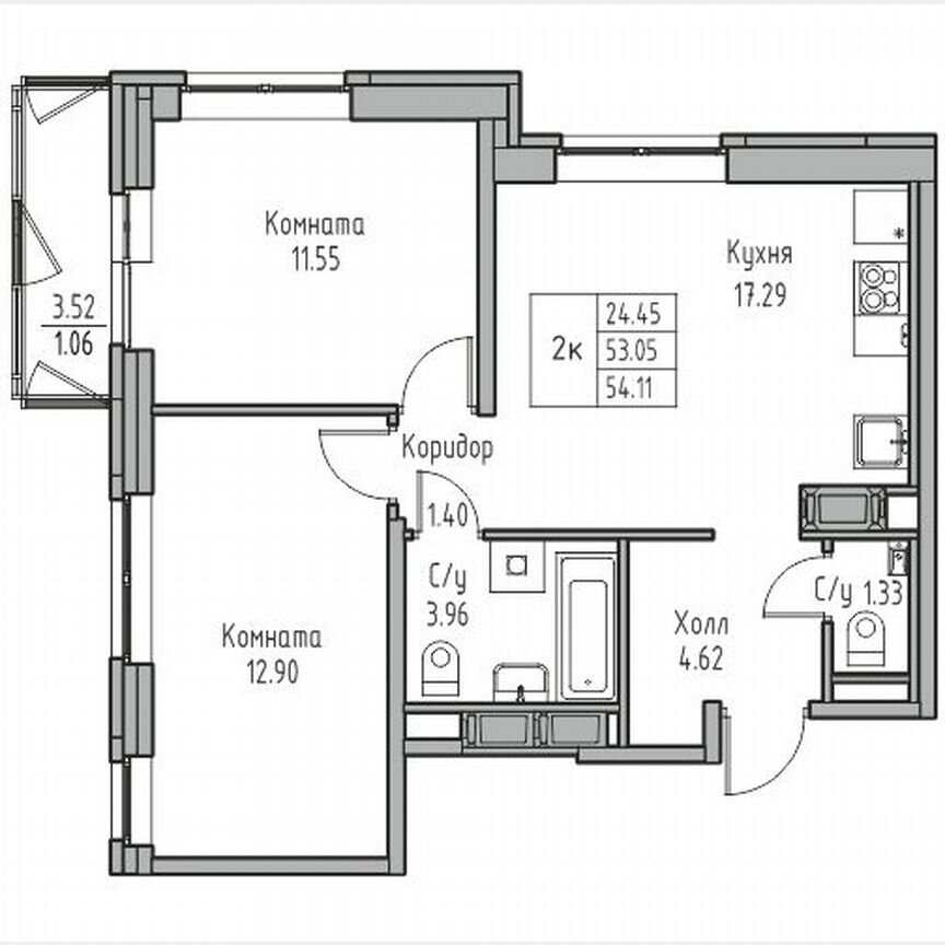 2-к. квартира, 54,1 м², 11/23 эт.