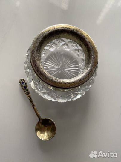 Солонка для соли с ложкой.Серебро/хрусталь СССР