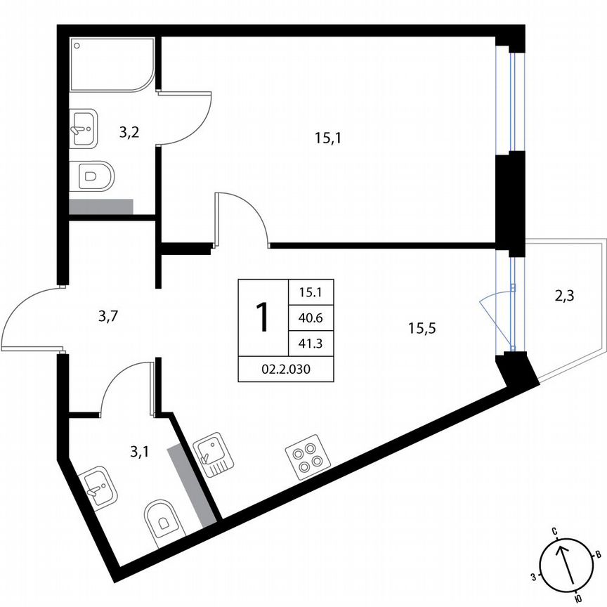1-к. квартира, 41,3 м², 2/3 эт.