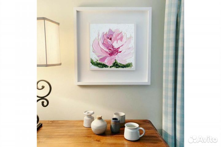 Картина Пионы цветы маслом на холсте 15х15 см
