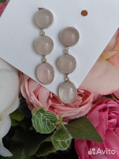 Серьги серебряные розовый кварц