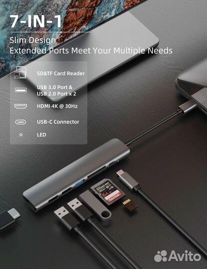 Хаб Адаптер USB 3.0 Type-C hdmi 4K кард ридер