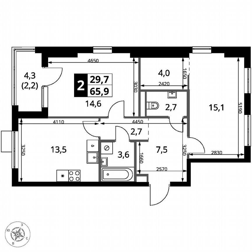 2-к. квартира, 65,9 м², 9/16 эт.