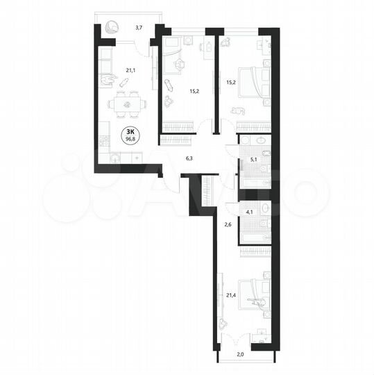 3-к. квартира, 96,8 м², 5/22 эт.