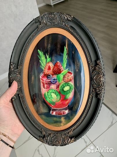 Картина маслом, коктейль, в гипсовой рамке 22х30