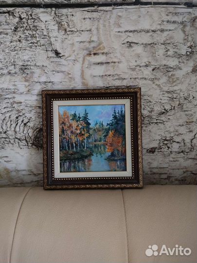 Квадратная картина в раме пейзаж лес. Масло
