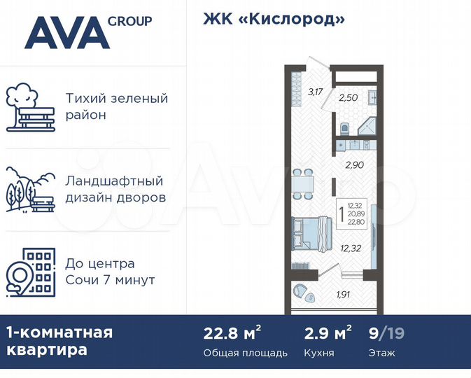 Квартира-студия, 22,8 м², 9/19 эт.