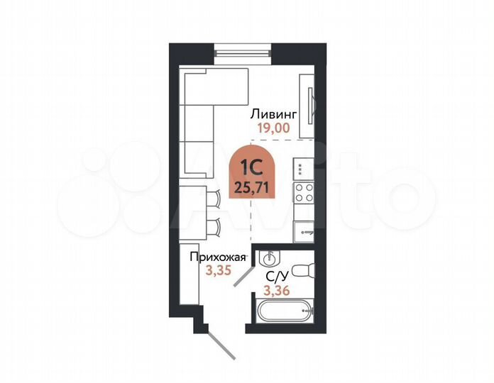 1-к. квартира, 25,7 м², 1/26 эт.