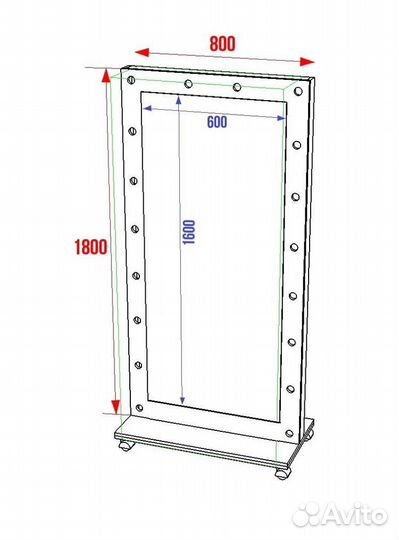 Зеркало гримёрное в полный рост на колёсиках