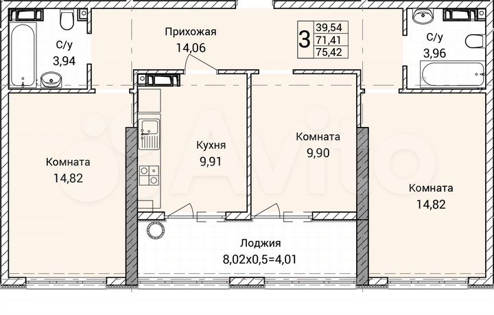 3-к. квартира, 75,4 м², 2/9 эт.