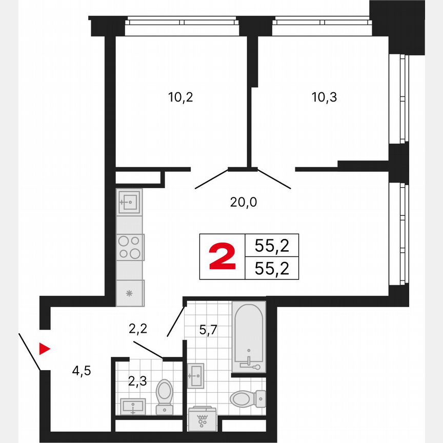 2-к. квартира, 55,2 м², 7/29 эт.