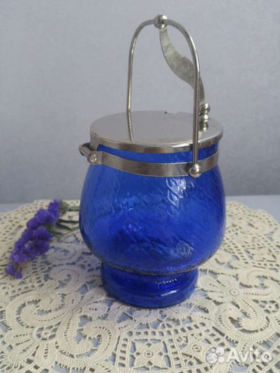 Сахарница СССР синее стекло с рисунком