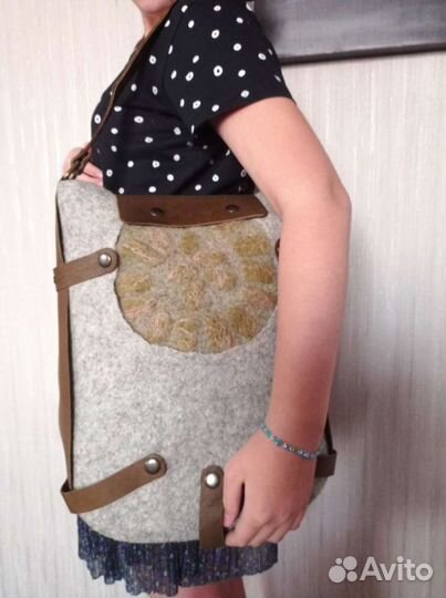 Сумка ручной работы кожа-краст+шерсть овцы валяная