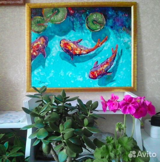 Картина маслом с рыбками кои
