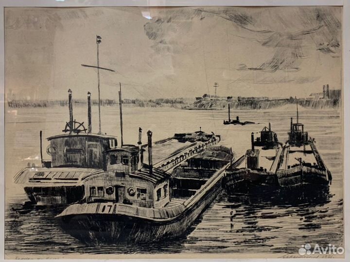 Картина Баржи на Волге. Светогоров Е.Д. 1971 год