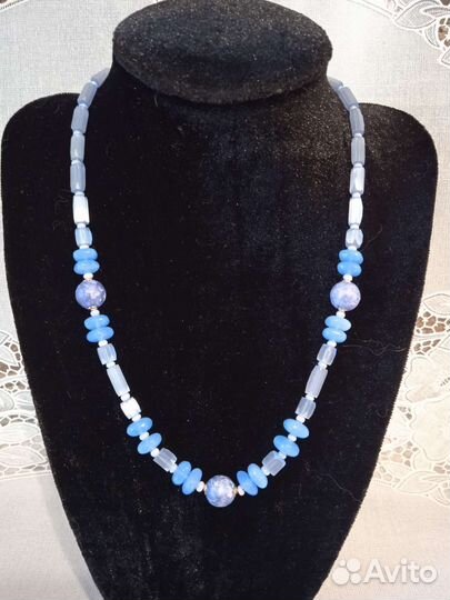 Бусы голубое сатиновое стекло Чехословакия