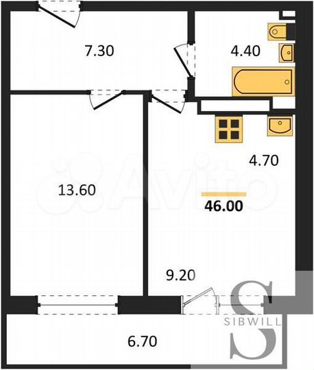 1-к. квартира, 46 м², 2/15 эт.