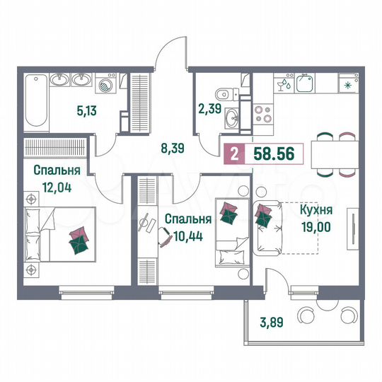 2-к. квартира, 58,6 м², 13/16 эт.