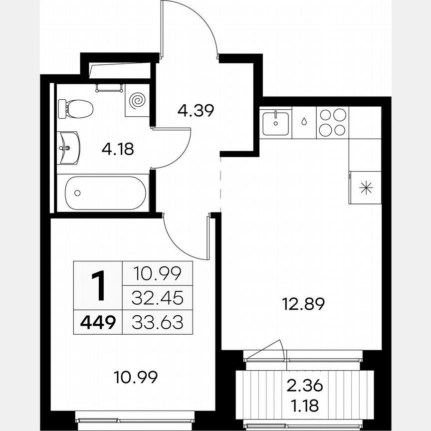 1-к. квартира, 33,6 м², 4/9 эт.