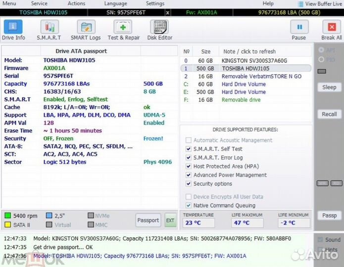 Toshiba L200, hdwj105, 500 Gb. (проблемный)