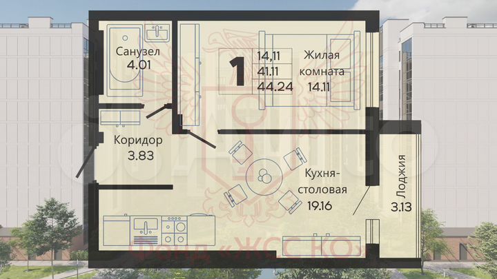 1-к. квартира, 42,6 м², 6/10 эт.