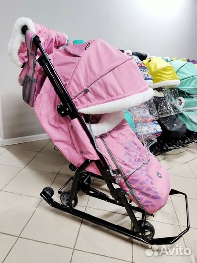 Новые санки коляска Nika 7-5 с шишкой розовый