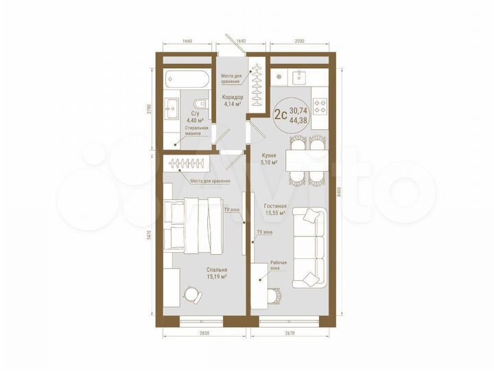 2-к. квартира, 44,4 м², 23/25 эт.