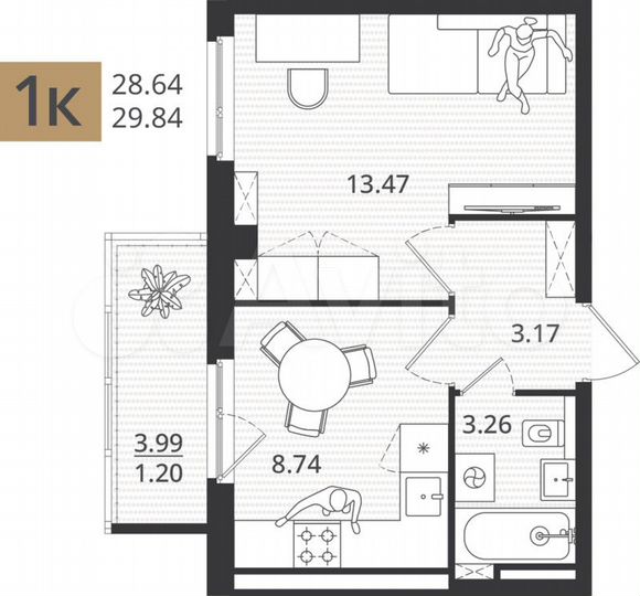 1-к. квартира, 29,8 м², 2/7 эт.