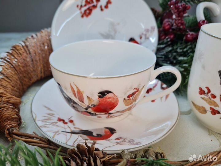 Чайные пары и кружки Снегири тонкий фарфор