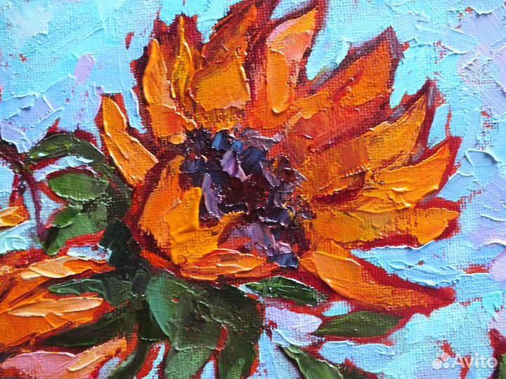 Картина маслом с подсолнухами 30х30 см