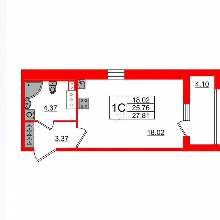 Квартира-студия, 25,8 м², 4/12 эт.