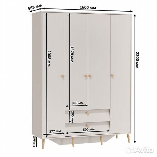 Шкаф 4-х дверный с двумя ящиками Афина 4-75930, цвет кашемир серый, 160х56,3х220 см