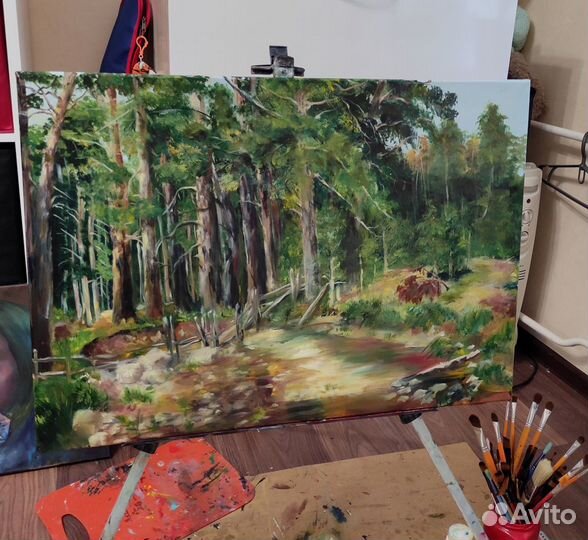 Картина маслом, пейзаж, лес, сосны, река, поляна