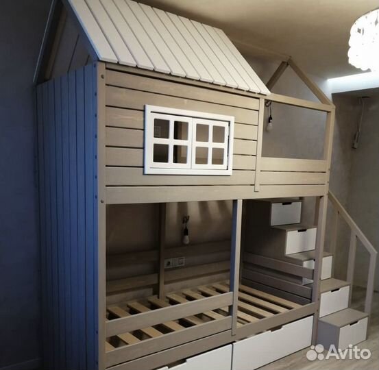 Детская двухъярусная кровать домик