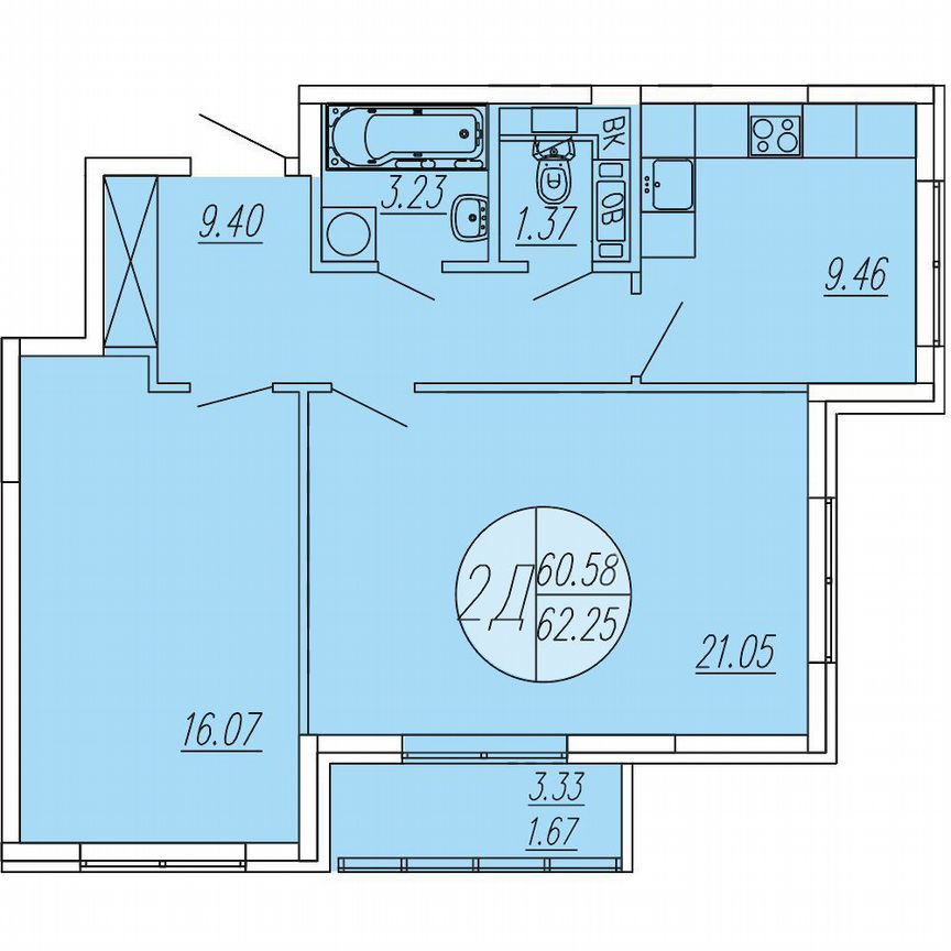 2-к. квартира, 62,2 м², 4/4 эт.