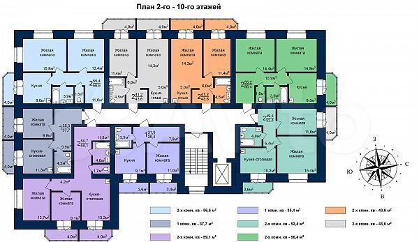 2-к. квартира, 56,6 м², 2/10 эт.