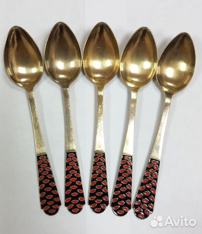 Набор серебряных ложек, эмаль. позолота