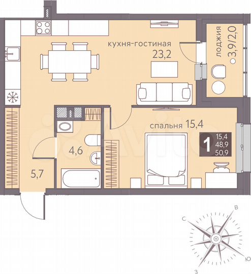 1-к. квартира, 50,9 м², 5/16 эт.