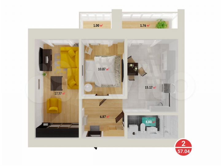 2-к. квартира, 57 м², 3/16 эт.