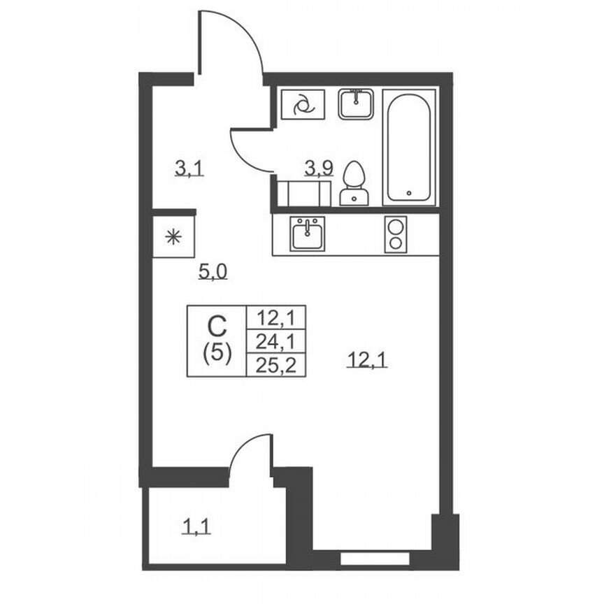 Квартира-студия, 25,2 м², 5/8 эт.