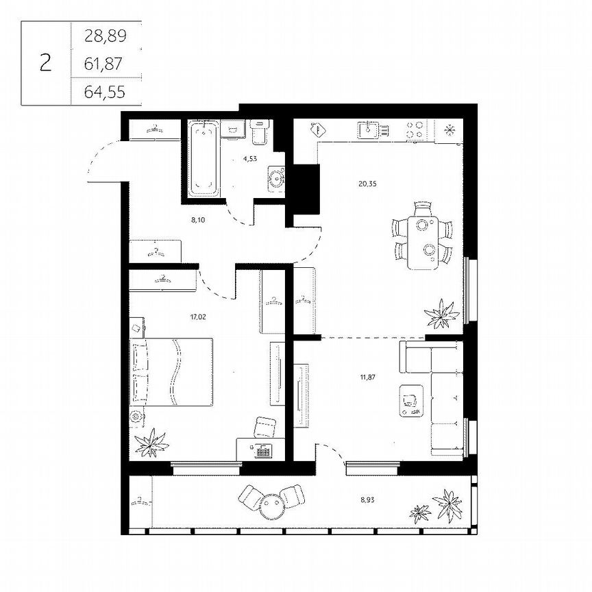 1-к. квартира, 61,9 м², 8/8 эт.