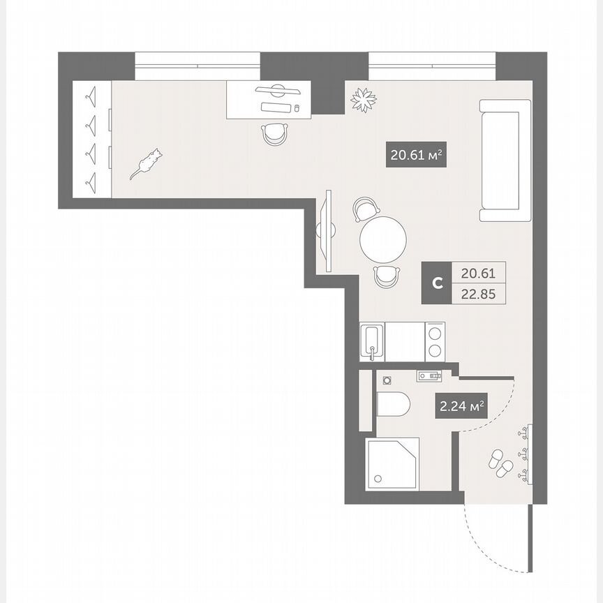 1-к. апартаменты, 22,9 м², 2/13 эт.